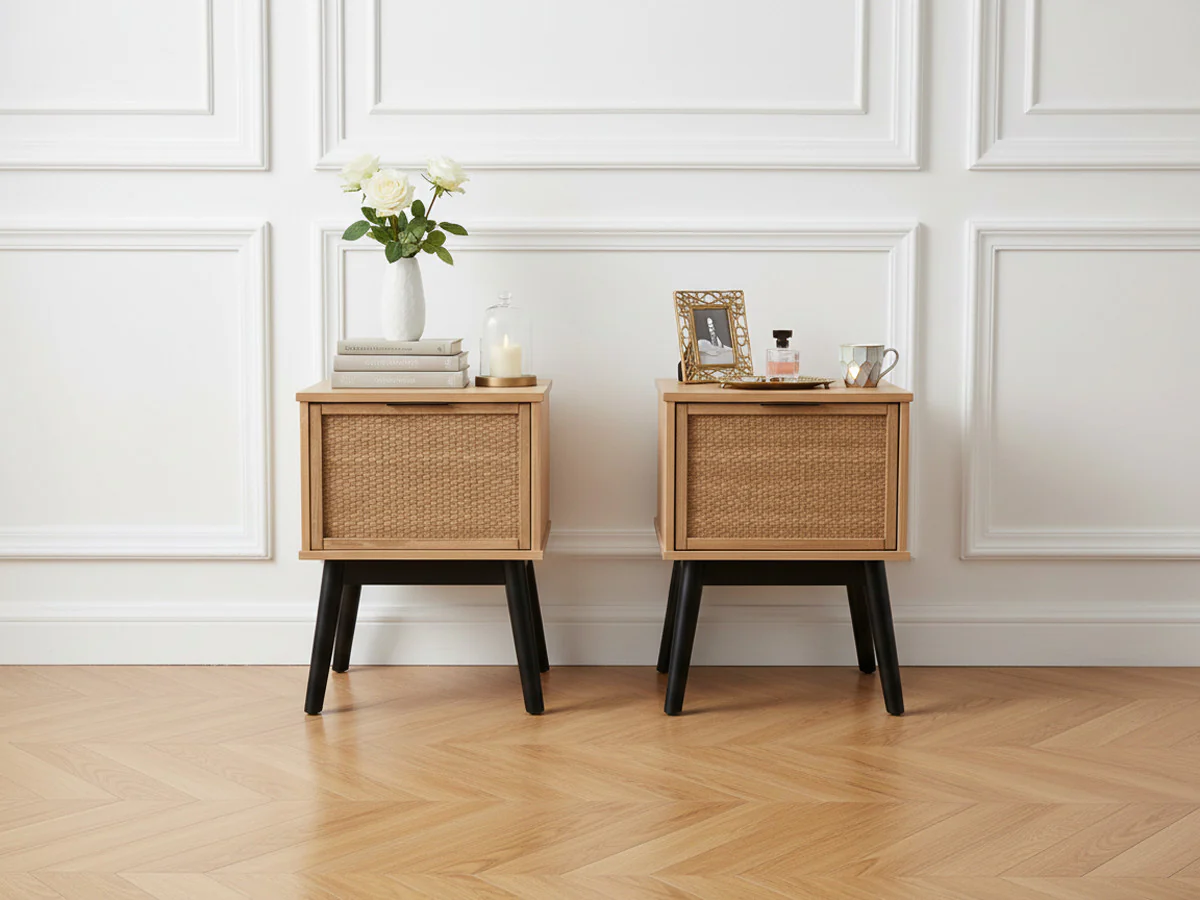 Lot de 2 chevets ALBI bois massif et rotin