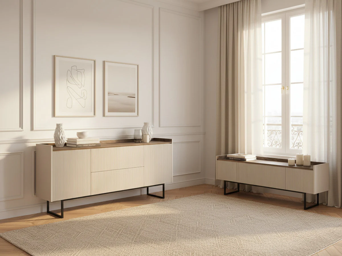 Ensemble LOUNA avec buffet 166 cm + meuble TV 166 cm beige et effet bois avec tasseaux et LED