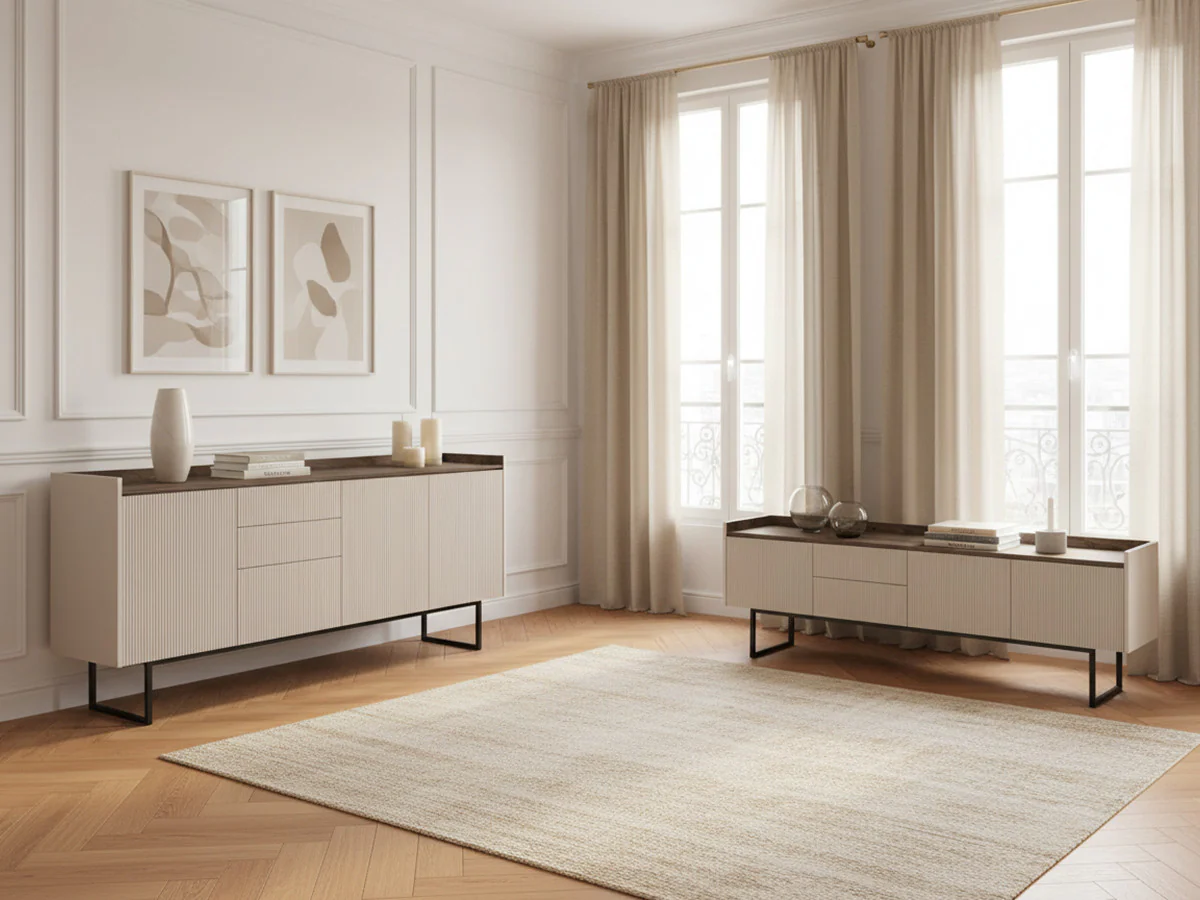 Ensemble LOUNA avec buffet 192 cm + meuble TV 192 cm beige et effet bois avec tasseaux et LED