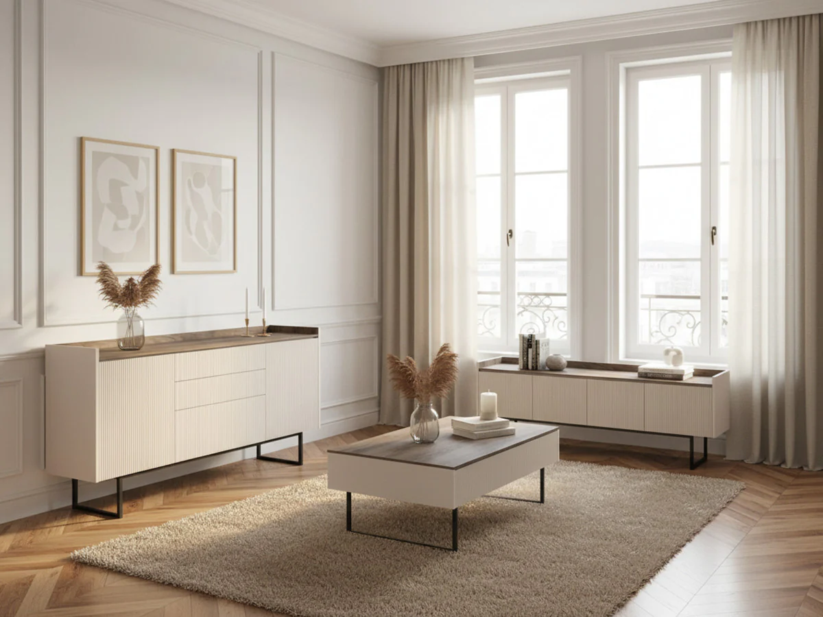 Ensemble LOUNA avec buffet 166 cm + meuble TV 166 cm + table basse beige et effet bois avec tasseaux et LED