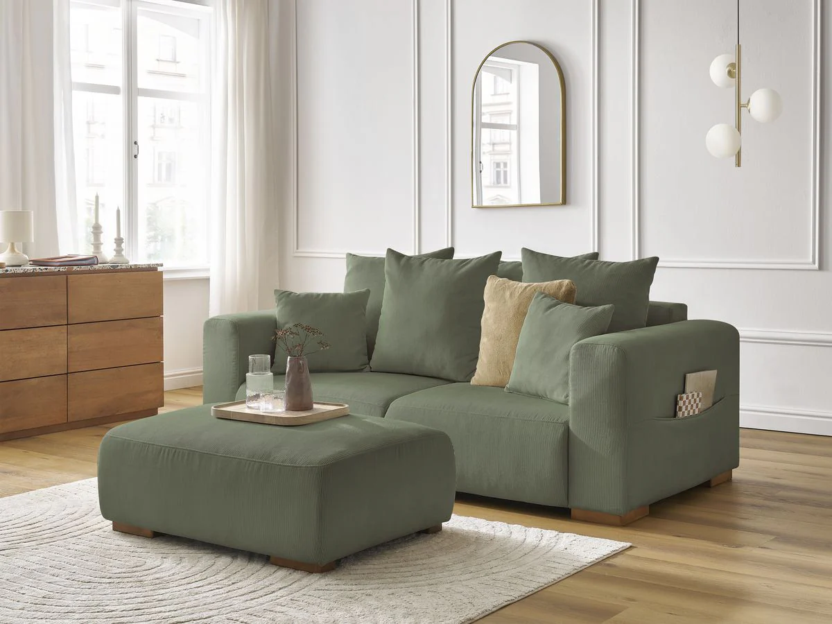 Canapé droit fixe 2 places SIDONIE velours côtelé avec pouf - Image 4