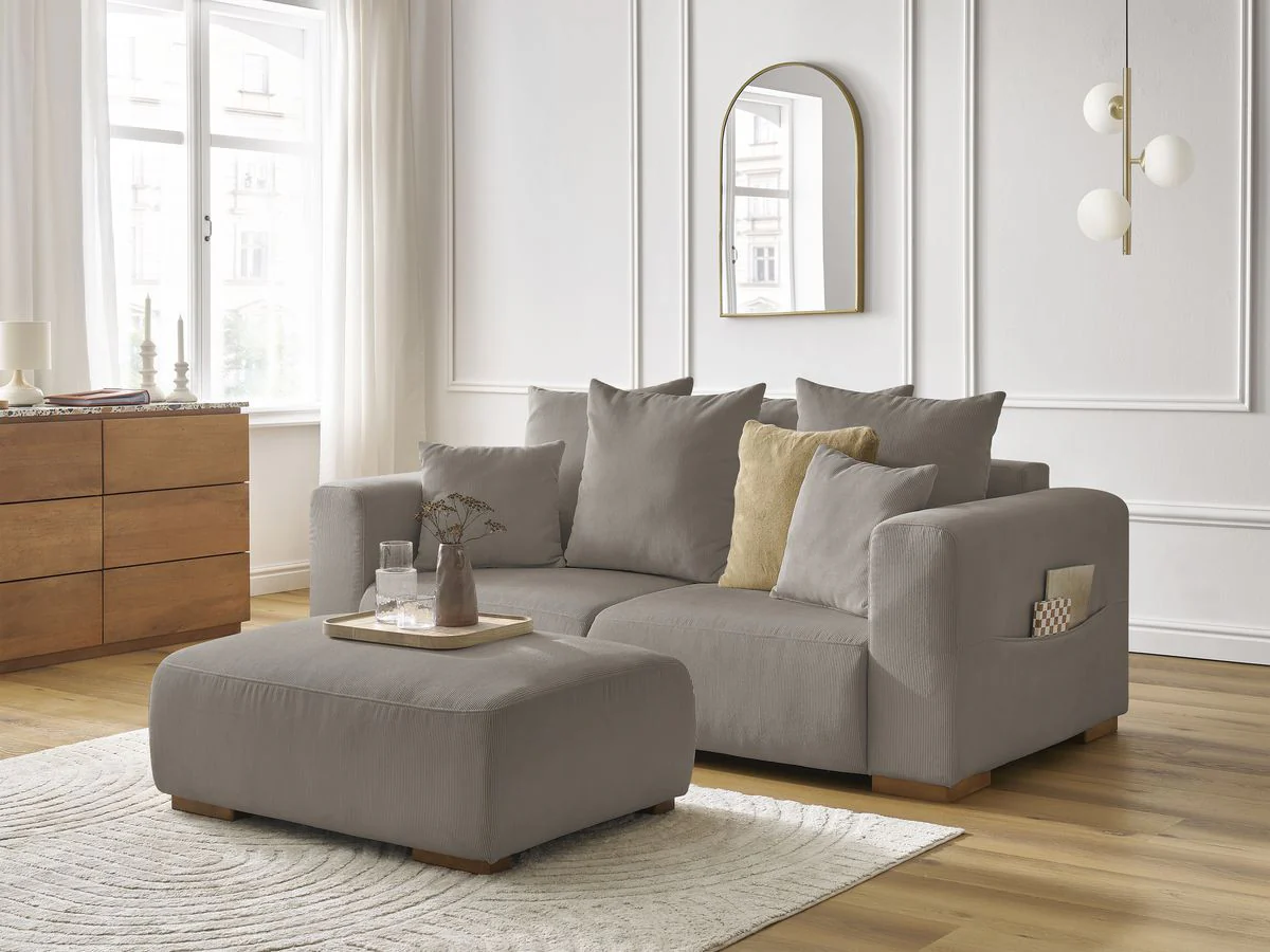Canapé droit fixe 2 places SIDONIE velours côtelé avec pouf - Image 8