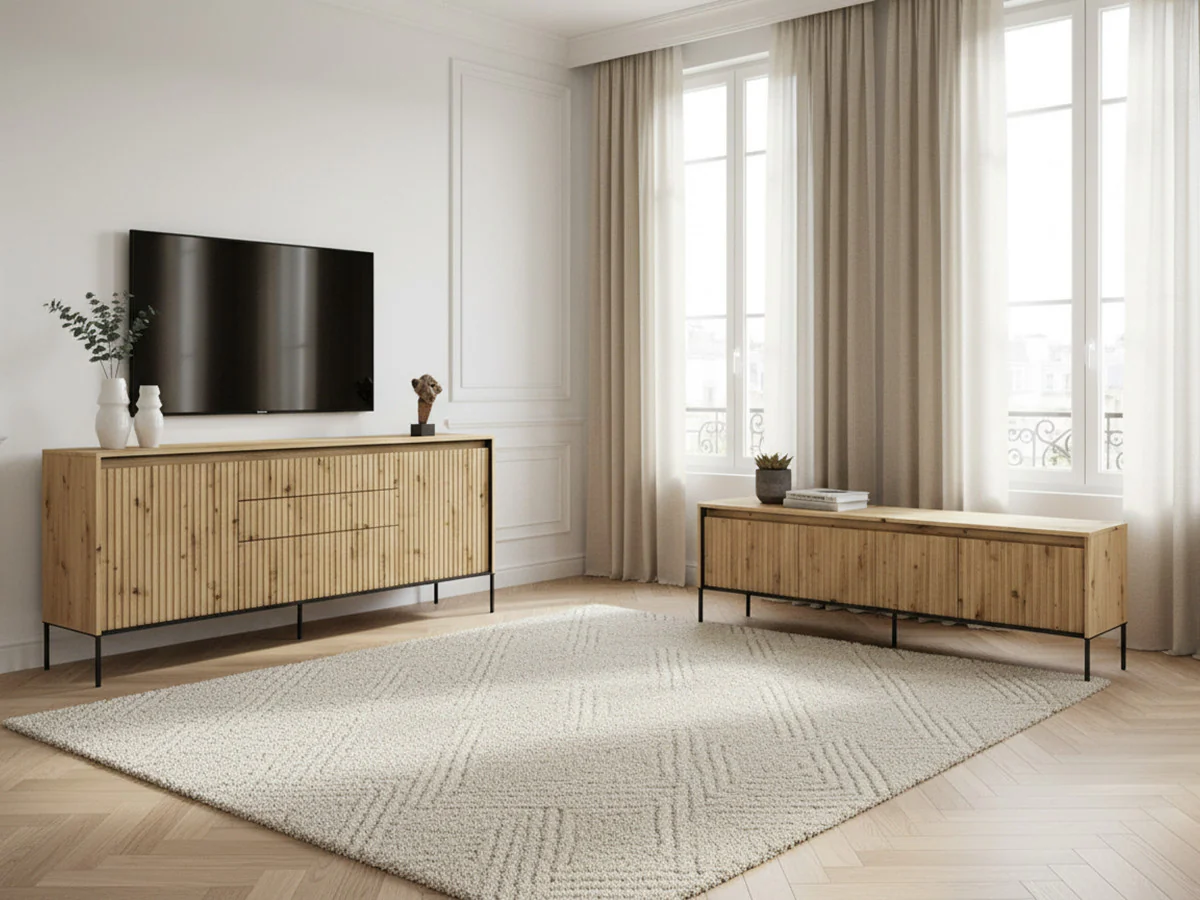 Ensemble LENARA avec buffet 166 cm + meuble TV 167 cm avec tasseaux et LED