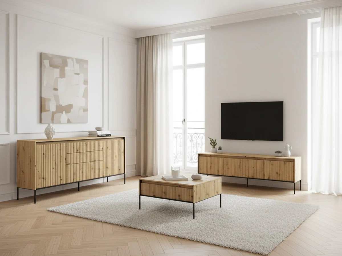Ensemble LENARA avec buffet 166 cm + meuble TV 167 cm + table basse avec tasseaux et LED - Image 5