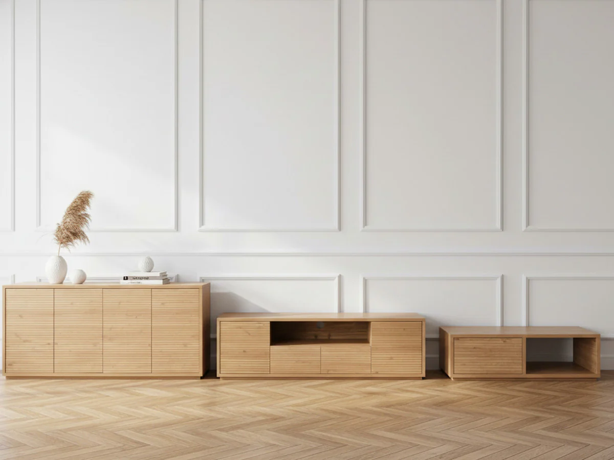 Ensemble FERRET avec buffet 180 cm + meuble TV 180 cm + table basse 100 cm effet tasseaux de bois