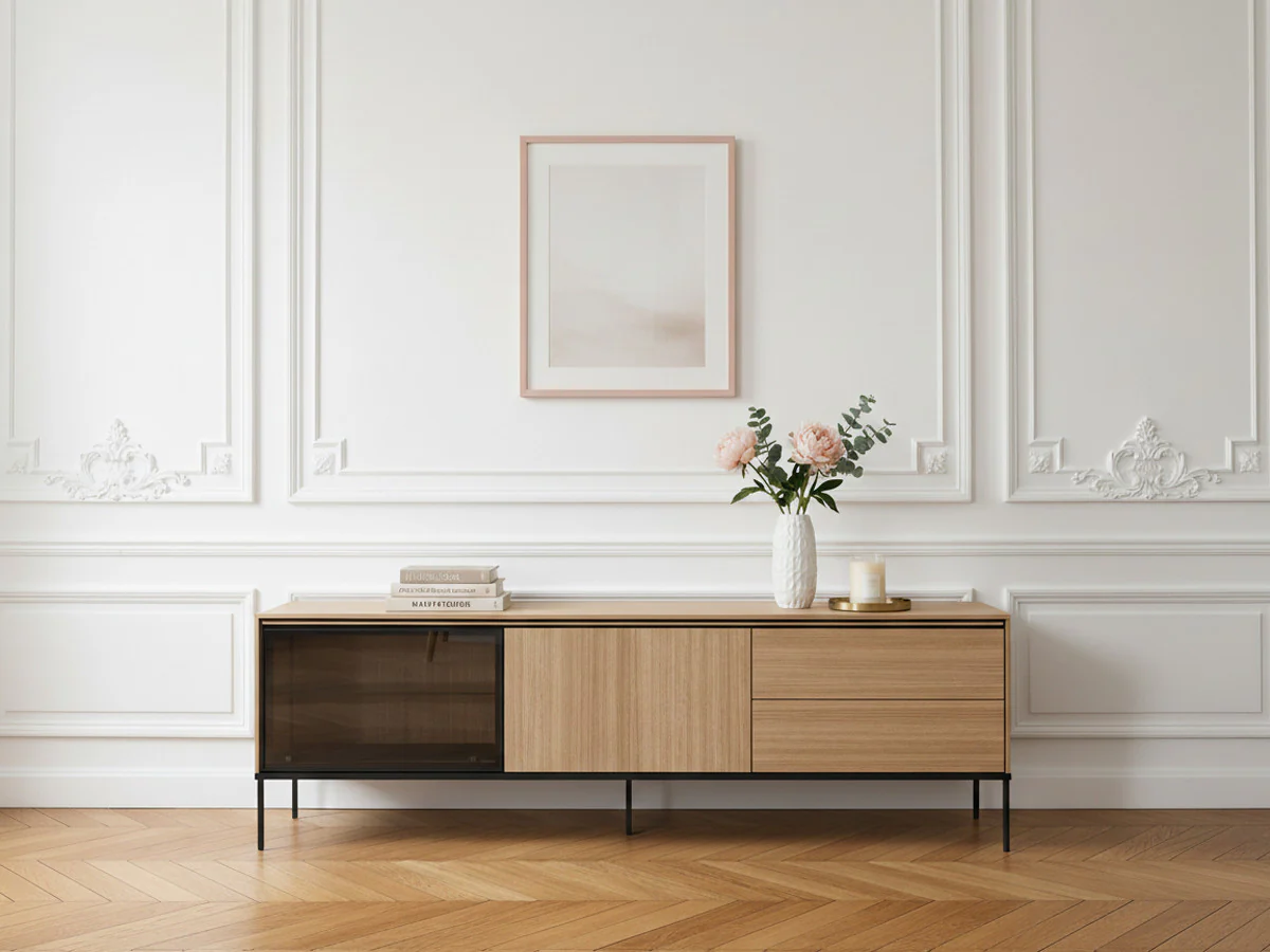 Meuble TV 2 portes 2 tiroirs 197 cm VERONA effet chêne et verre fumé avec LEDS