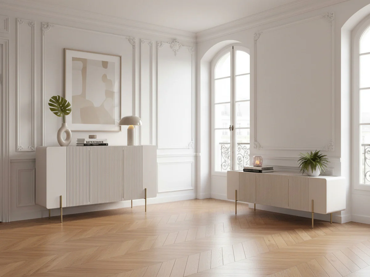 Ensemble MATHILDE avec buffet 150 cm + meuble TV 150 cm plateau effet marbre et pieds or
