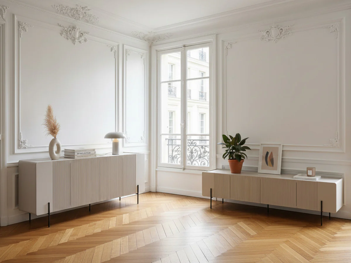 Ensemble MATHILDE avec buffet 200 cm + meuble TV 200 cm plateau effet marbre et pieds noirs - Image 2