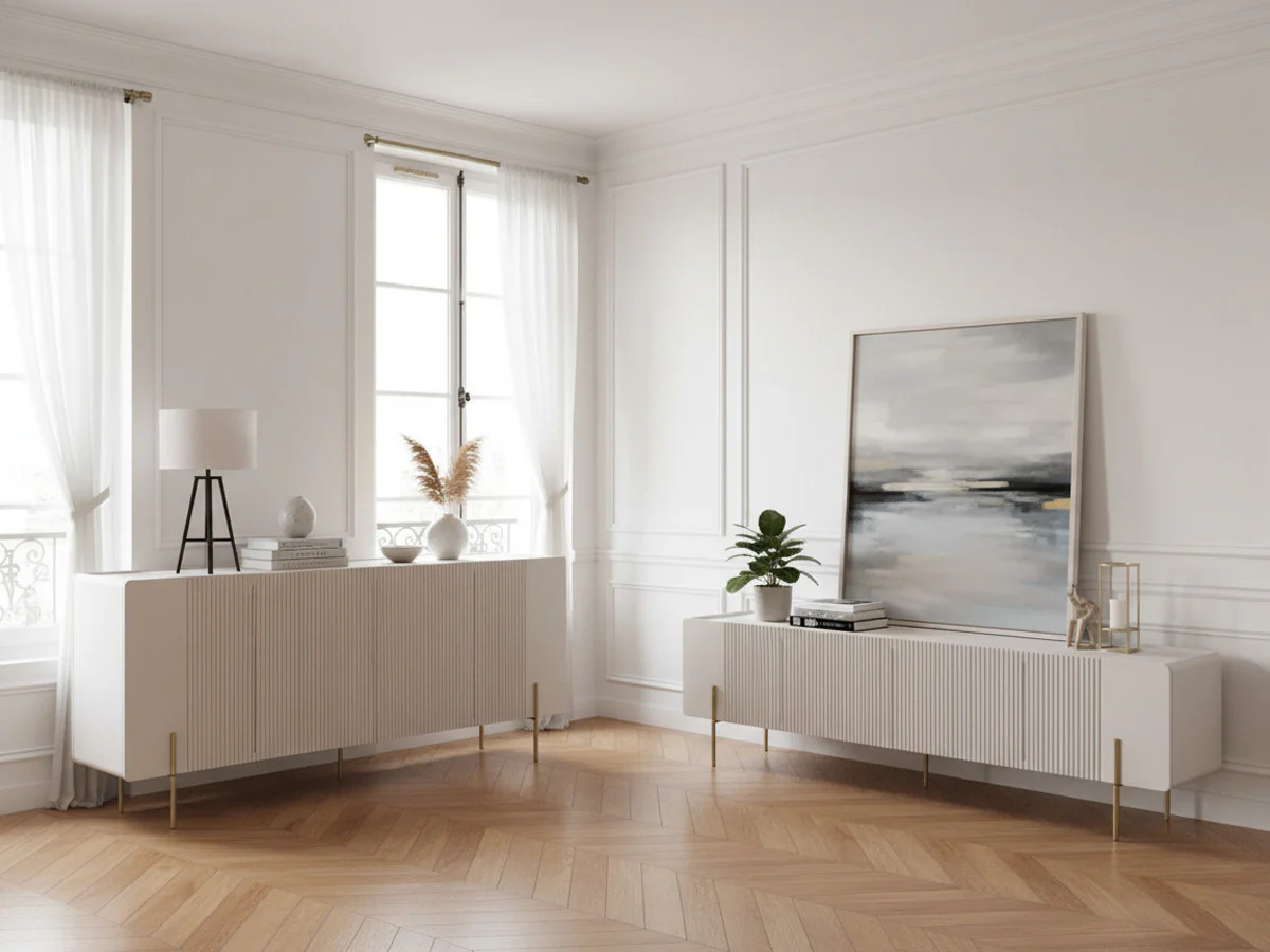 Ensemble MATHILDE avec buffet 200 cm + meuble TV 200 cm plateau effet marbre et pieds or - Image 2