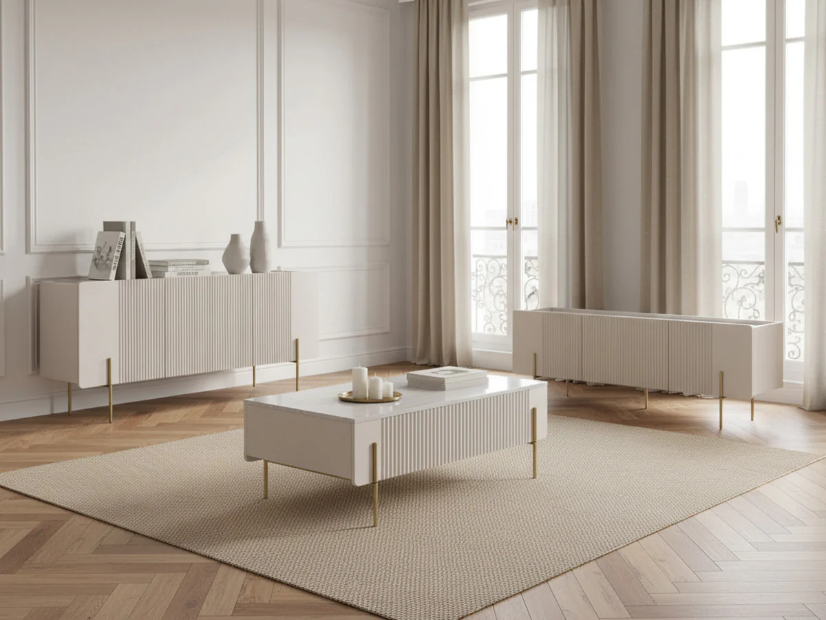 Ensemble MATHILDE avec buffet 150 cm + meuble TV 150 cm + table basse 100 cm plateau effet marbre et pieds or - Image 2