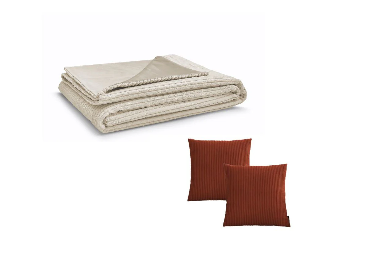 Ensemble STOCKHOLM avec Plaid beige + 2 coussins terracotta bifaces