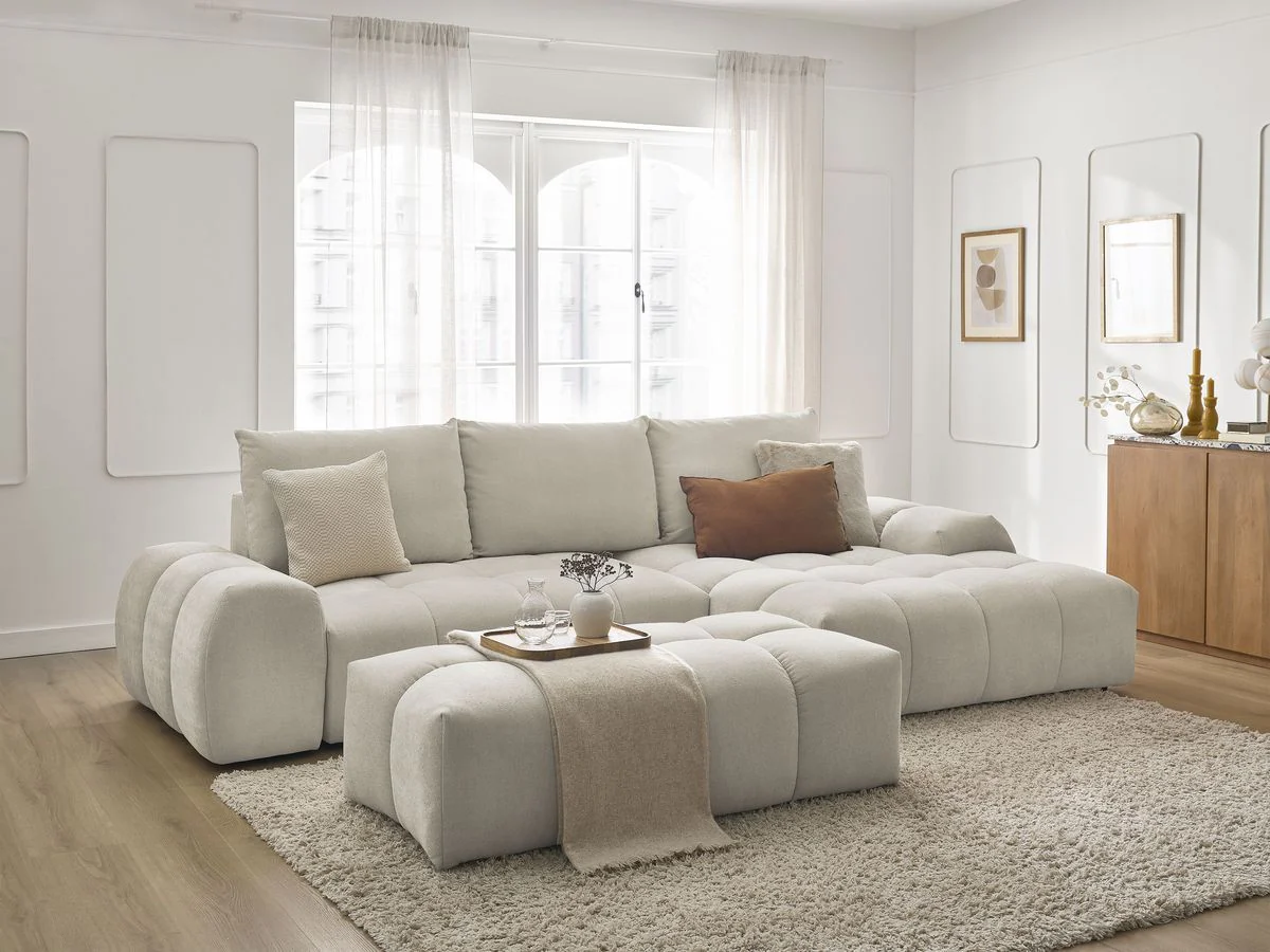 Canapé d'angle convertible coffre EVEREST tissu texturé avec pouf - Image 18