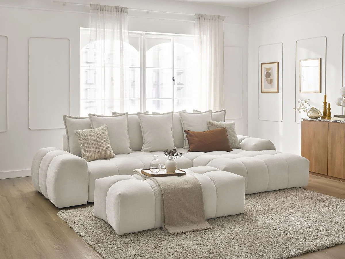 Canapé d'angle convertible coffre EVEREST tissu texturé avec pouf - Image 22