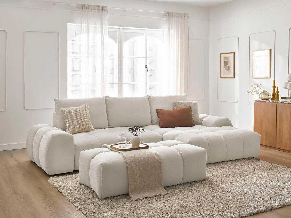 Canapé d'angle convertible coffre EVEREST tissu texturé avec pouf - Image 42