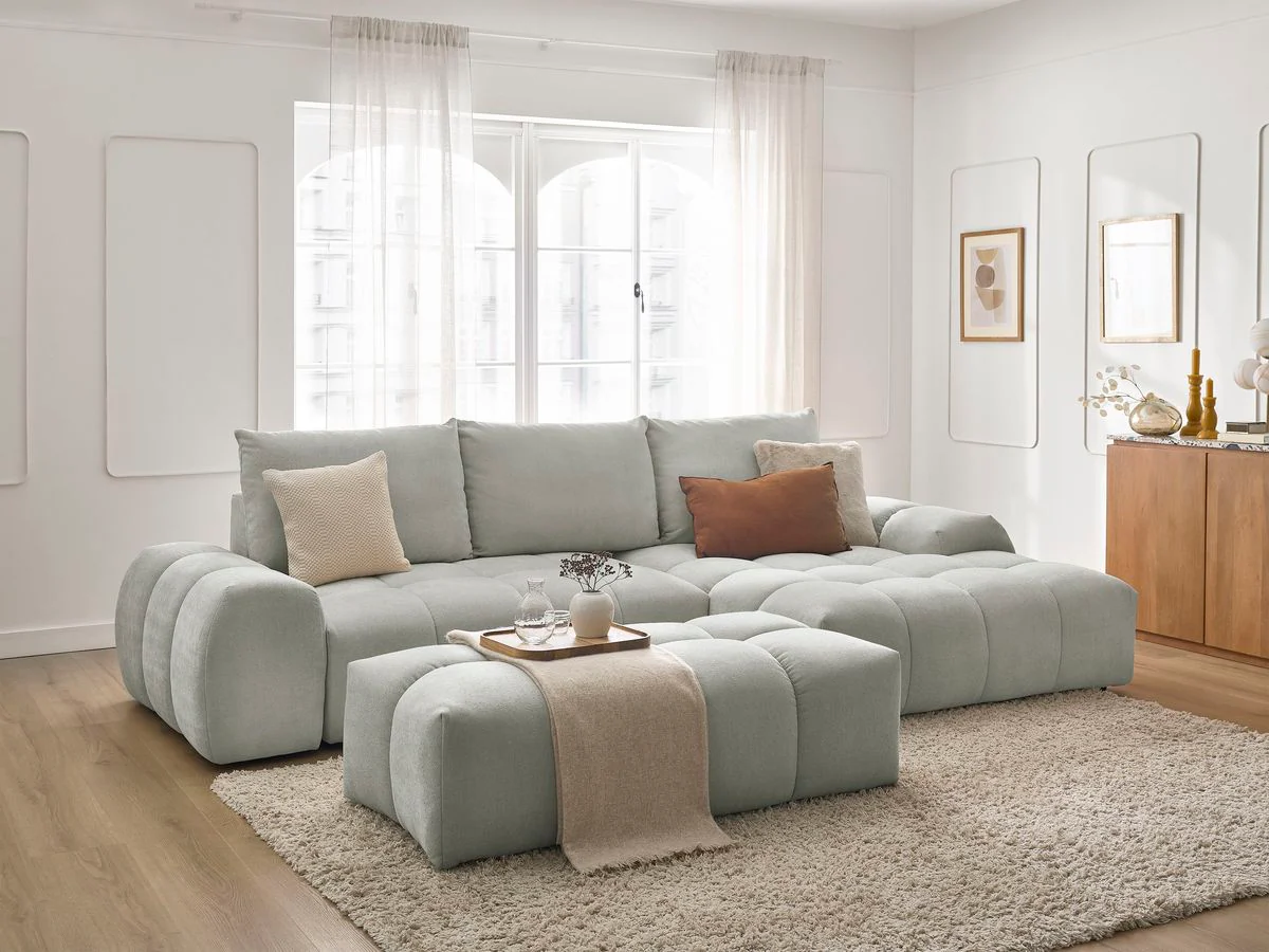 Canapé d'angle convertible coffre EVEREST tissu texturé avec pouf - Image 44