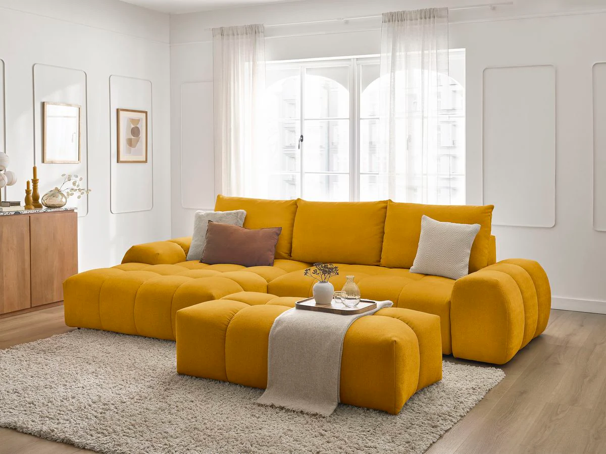 Canapé d'angle convertible coffre EVEREST tissu texturé avec pouf - Image 53
