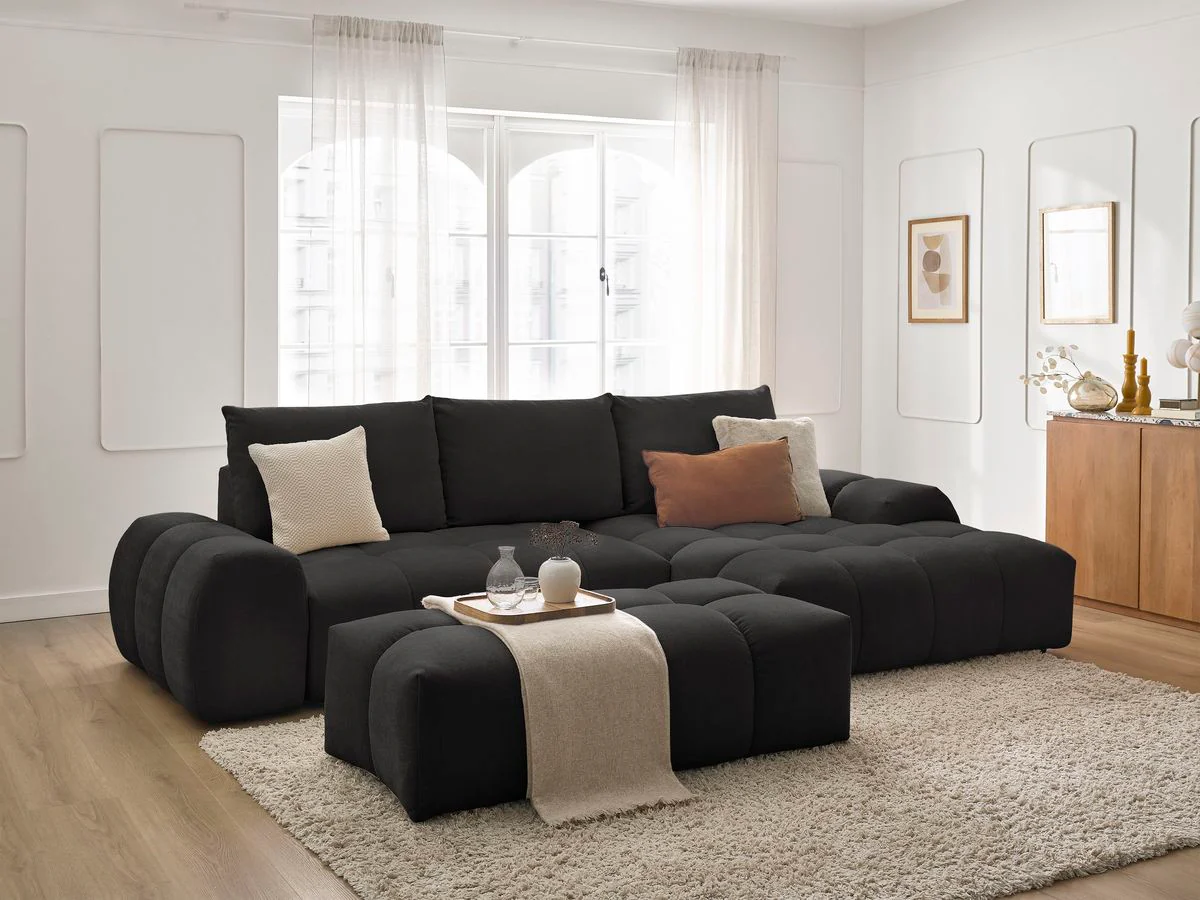 Canapé d'angle convertible coffre EVEREST tissu texturé avec pouf - Image 60