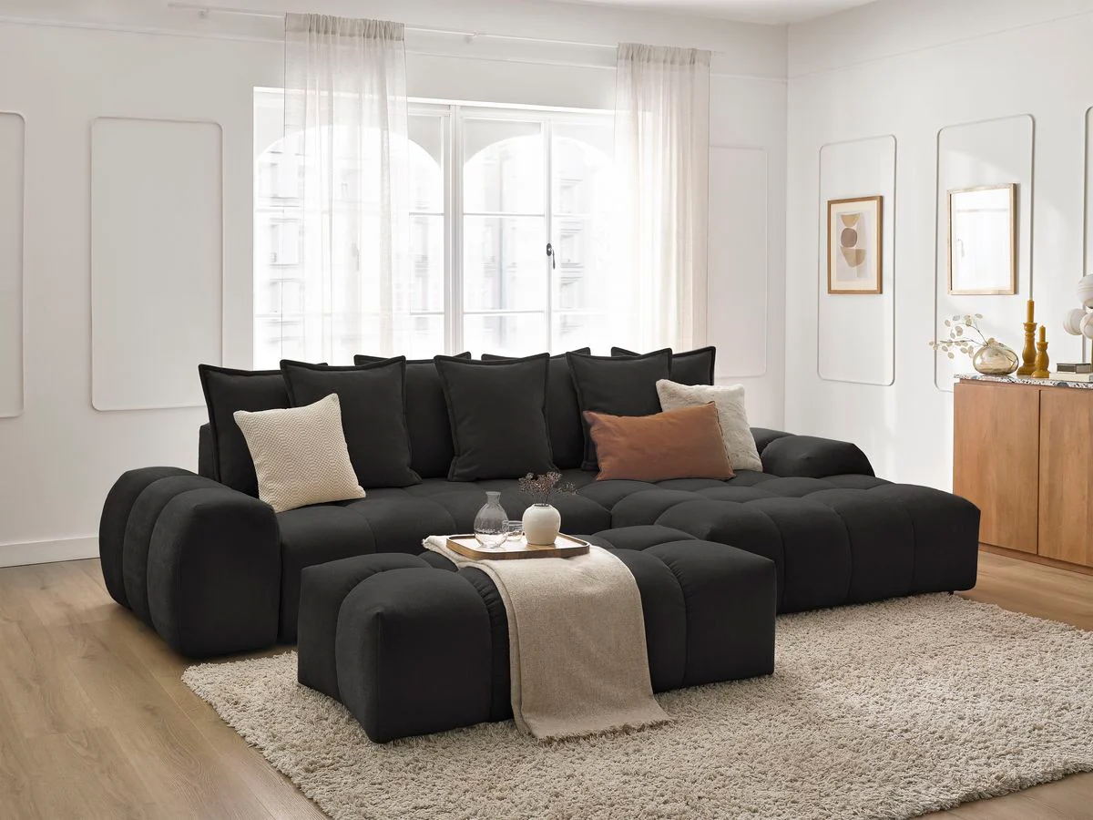 Canapé d'angle convertible coffre EVEREST tissu texturé avec pouf - Image 80