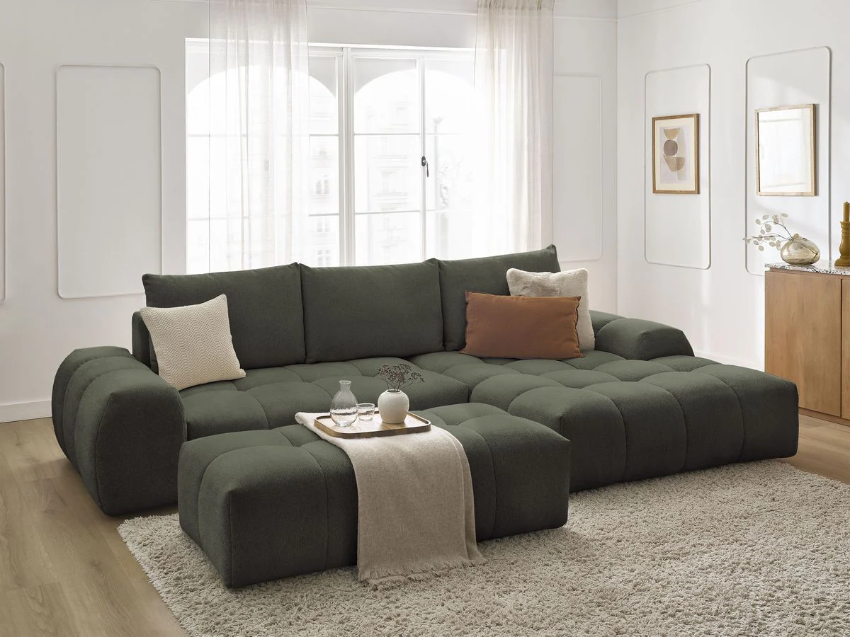 Canapé d'angle convertible coffre EVEREST tissu chiné avec pouf - Image 11