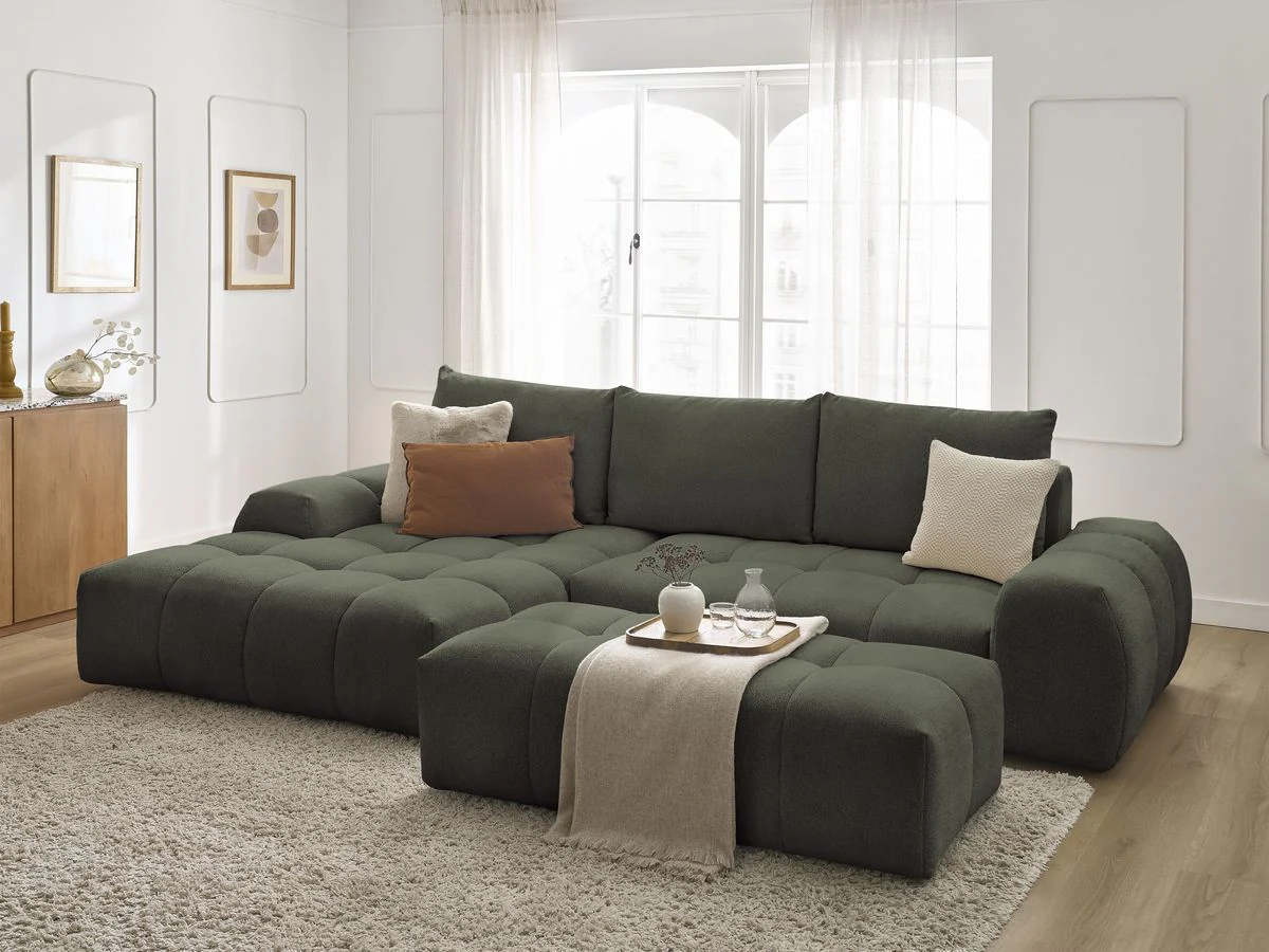 Canapé d'angle convertible coffre EVEREST tissu chiné avec pouf - Image 12