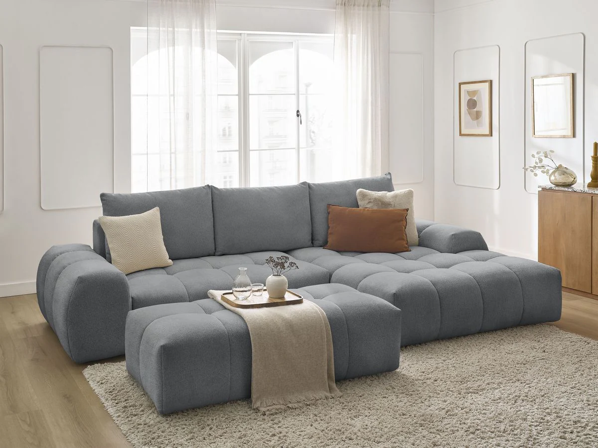Canapé d'angle convertible coffre EVEREST tissu chiné avec pouf - Image 15