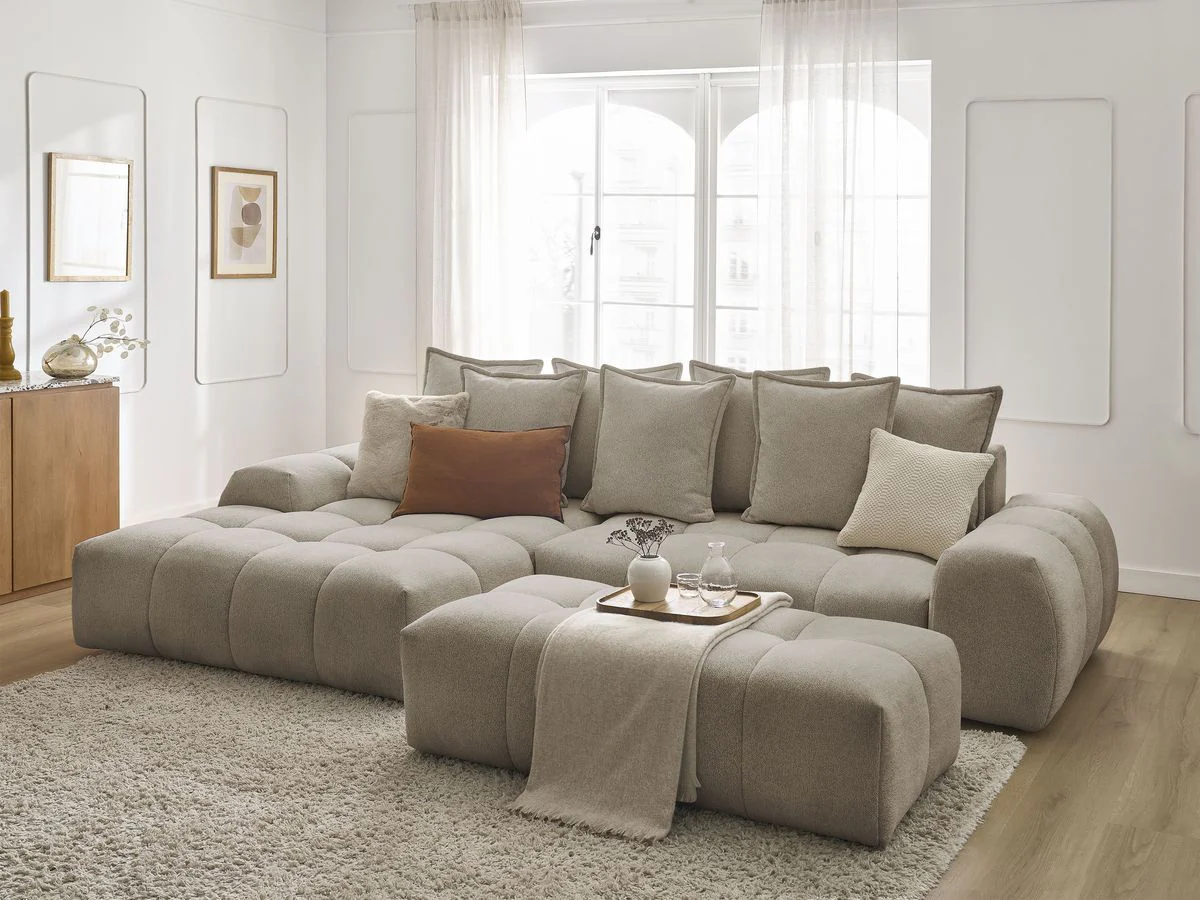 Canapé d'angle convertible coffre EVEREST tissu chiné avec pouf - Image 22