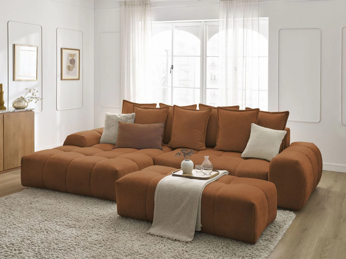 Canapé d'angle convertible coffre EVEREST tissu chiné avec pouf - Image 26