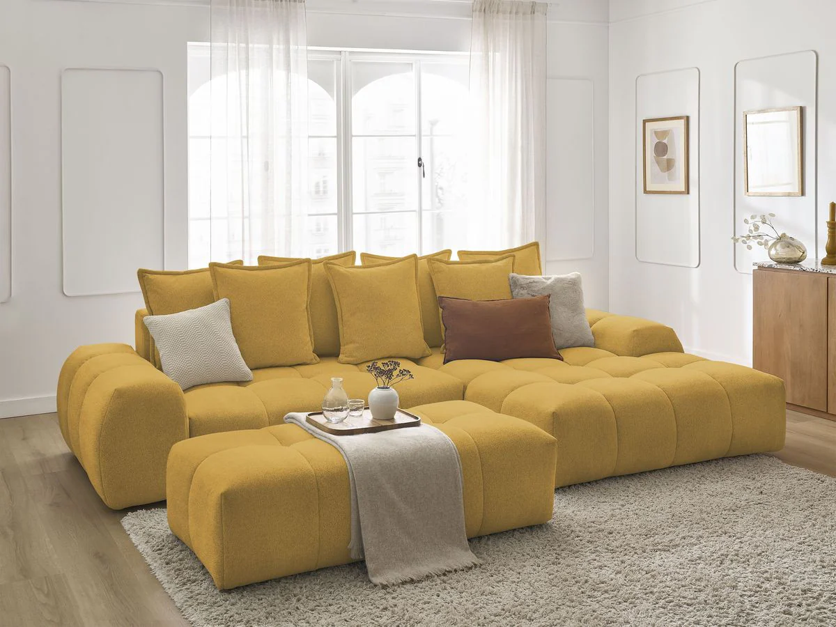Canapé d'angle convertible coffre EVEREST tissu chiné avec pouf - Image 27