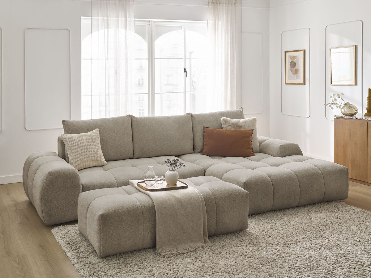 Canapé d'angle convertible coffre EVEREST tissu chiné avec pouf - Image 3