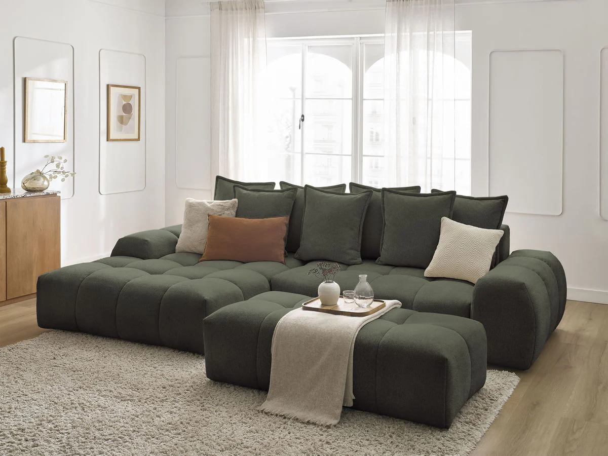 Canapé d'angle convertible coffre EVEREST tissu chiné avec pouf - Image 30