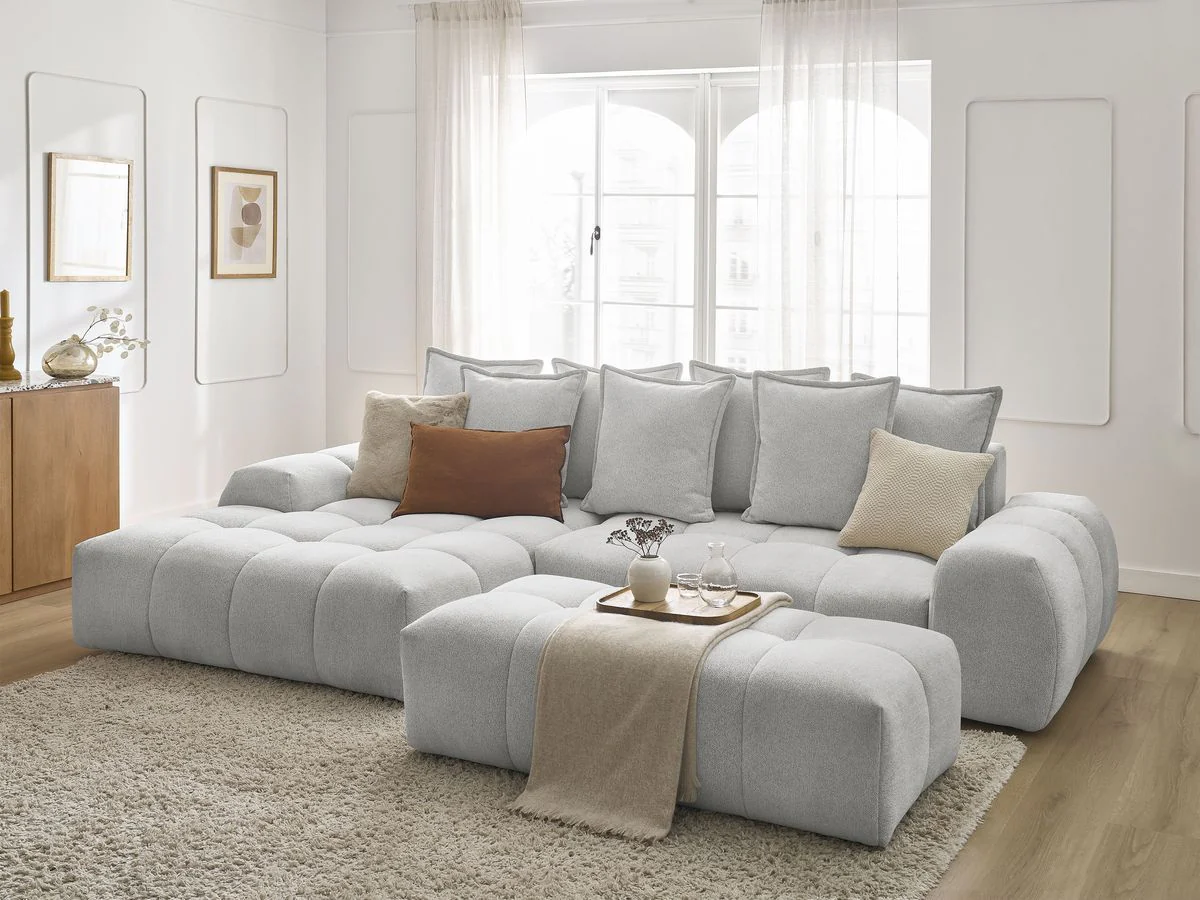 Canapé d'angle convertible coffre EVEREST tissu chiné avec pouf - Image 32