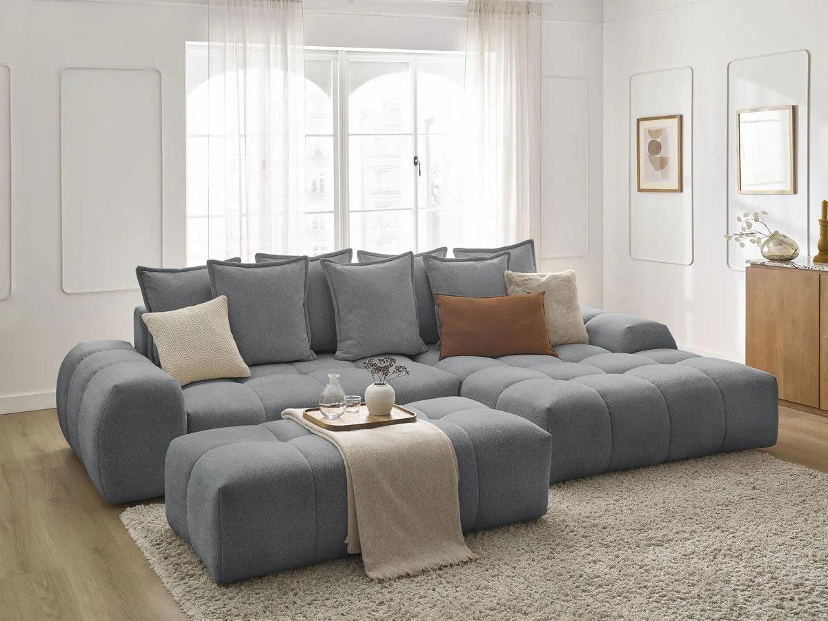Canapé d'angle convertible coffre EVEREST tissu chiné avec pouf - Image 33