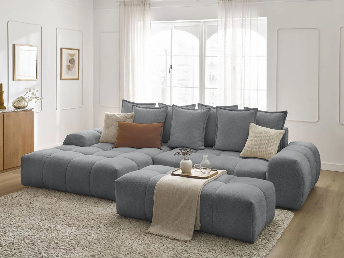 Canapé d'angle convertible coffre EVEREST tissu chiné avec pouf - Image 34