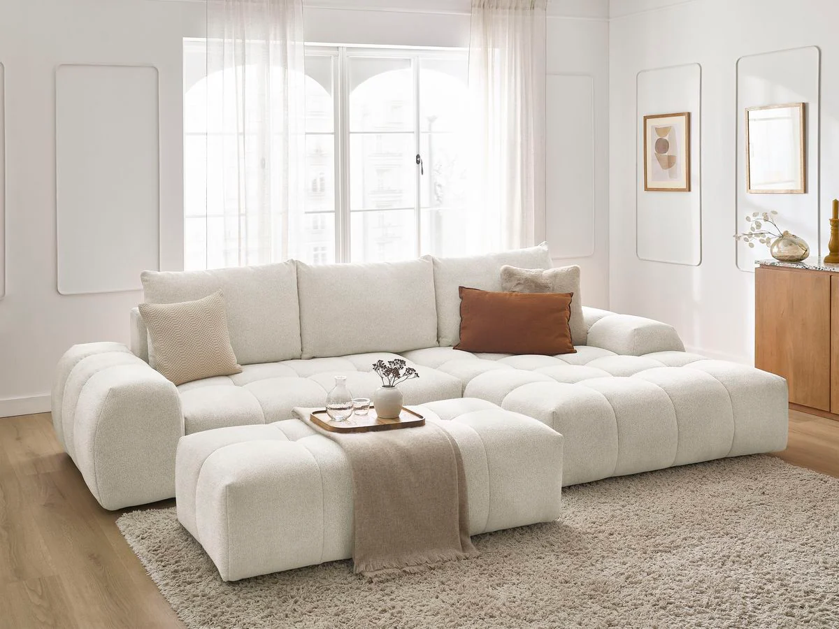 Canapé d'angle convertible coffre EVEREST tissu chiné avec pouf - Image 37