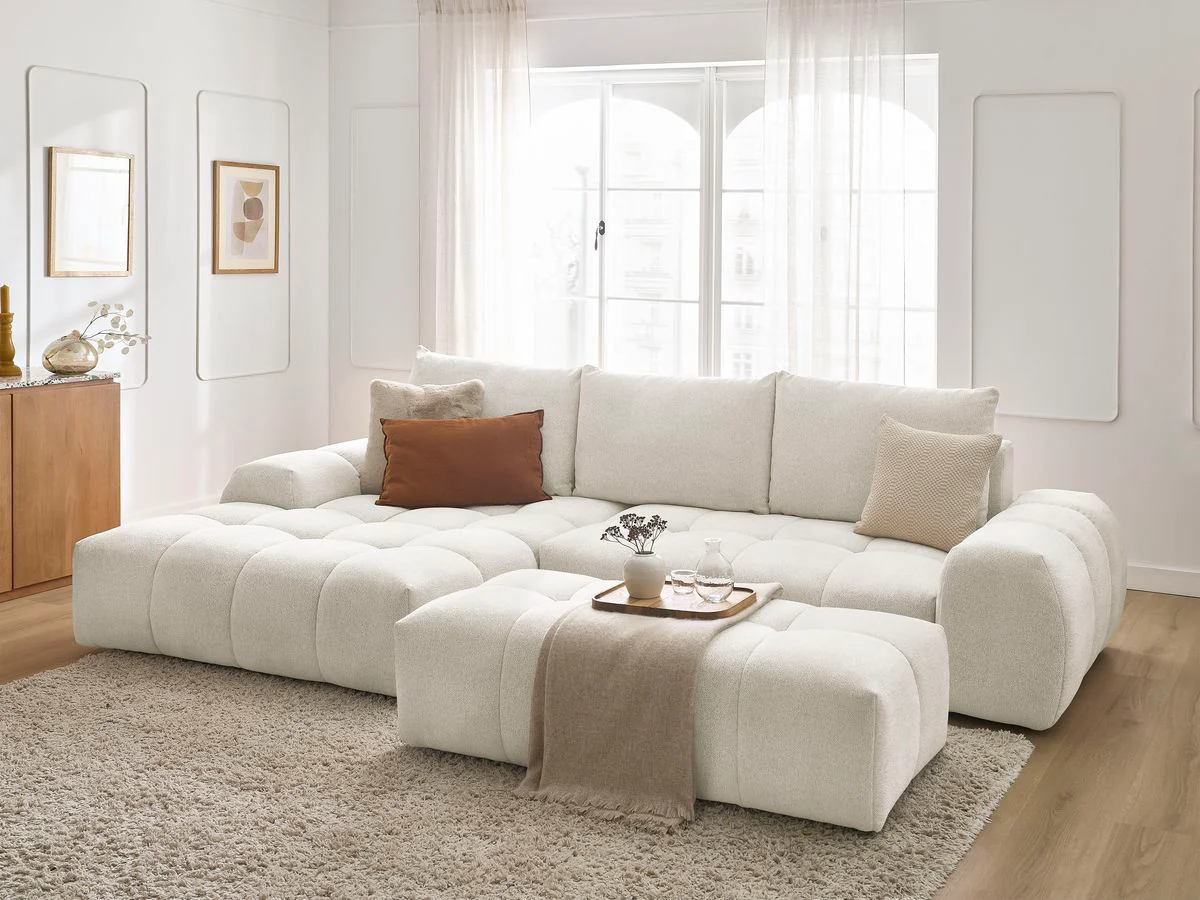Canapé d'angle convertible coffre EVEREST tissu chiné avec pouf - Image 38