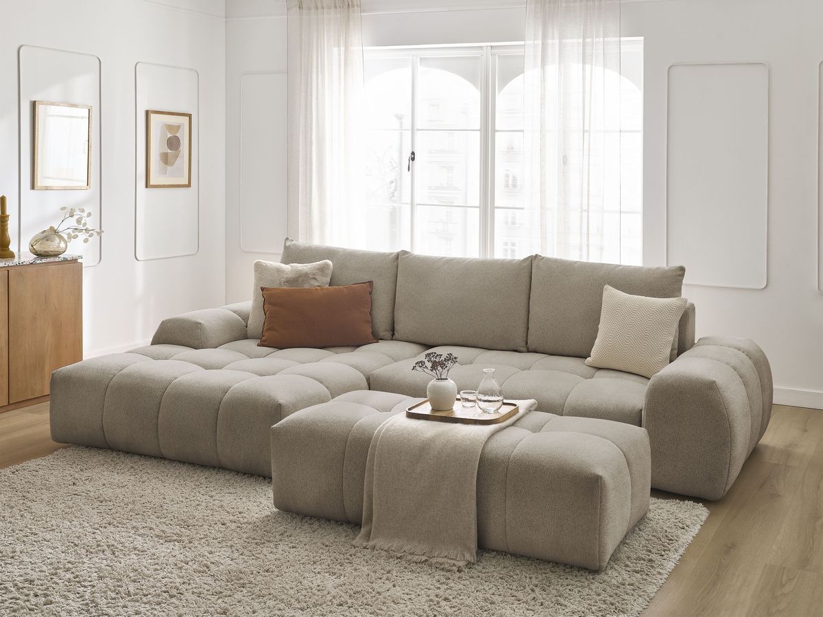 Canapé d'angle convertible coffre EVEREST tissu chiné avec pouf - Image 4