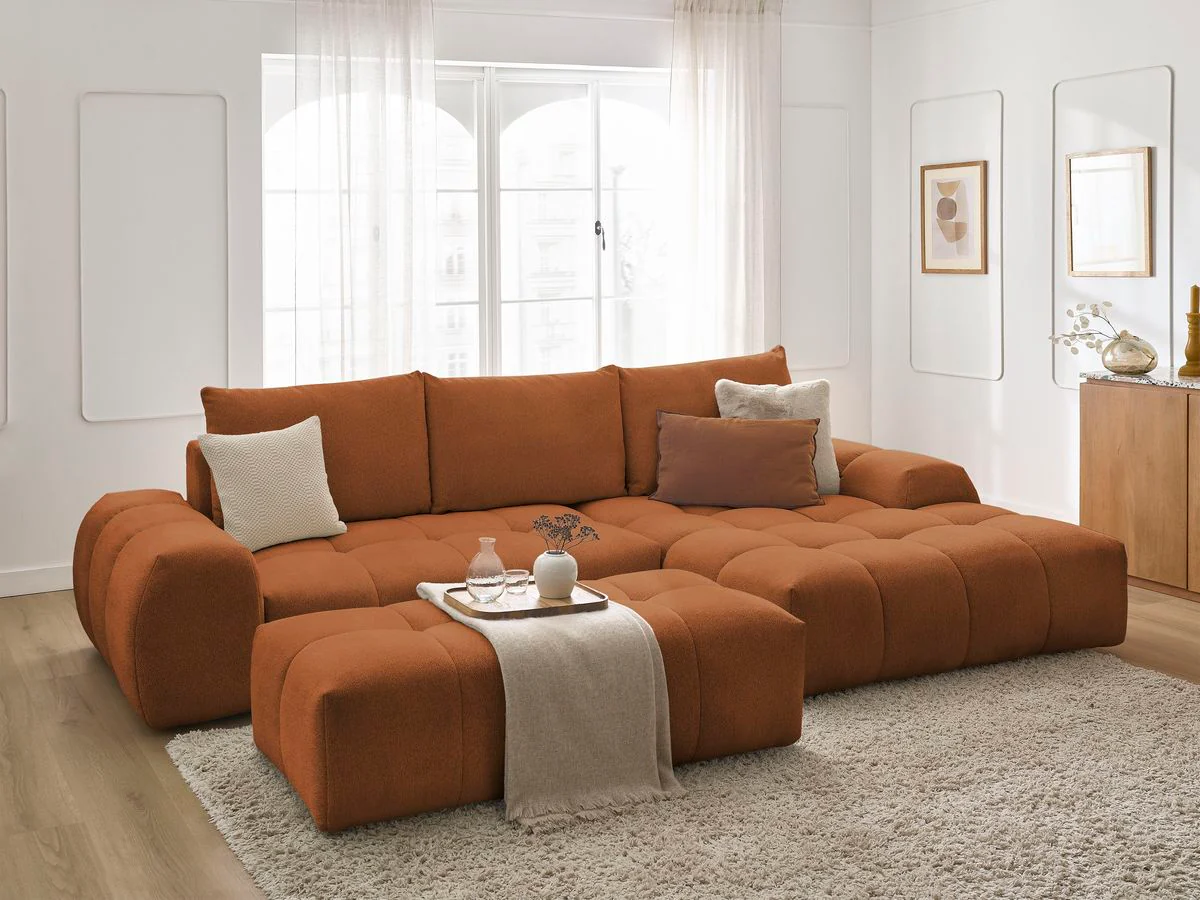 Canapé d'angle convertible coffre EVEREST tissu chiné avec pouf - Image 43