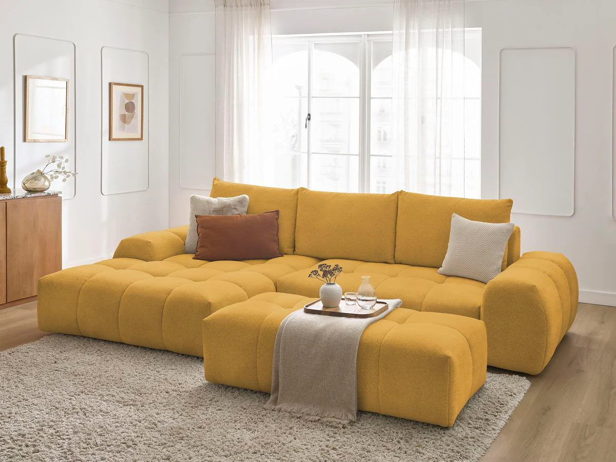 Canapé d'angle convertible coffre EVEREST tissu chiné avec pouf - Image 46