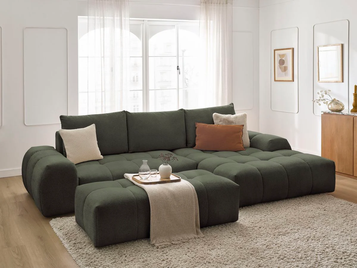 Canapé d'angle convertible coffre EVEREST tissu chiné avec pouf - Image 47
