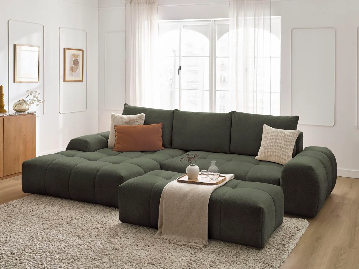 Canapé d'angle convertible coffre EVEREST tissu chiné avec pouf - Image 48