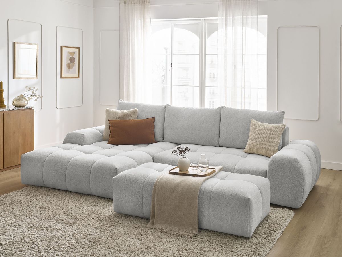 Canapé d'angle convertible coffre EVEREST tissu chiné avec pouf - Image 50