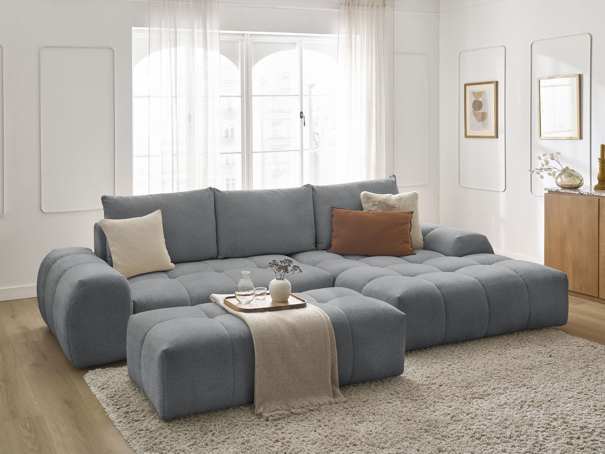 Canapé d'angle convertible coffre EVEREST tissu chiné avec pouf - Image 51