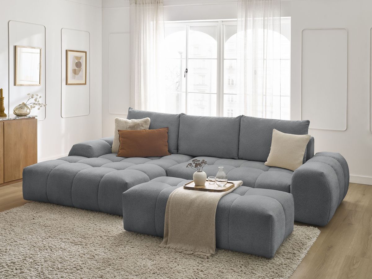Canapé d'angle convertible coffre EVEREST tissu chiné avec pouf - Image 52