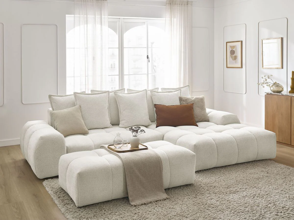 Canapé d'angle convertible coffre EVEREST tissu chiné avec pouf - Image 55