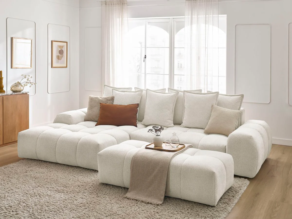 Canapé d'angle convertible coffre EVEREST tissu chiné avec pouf - Image 56