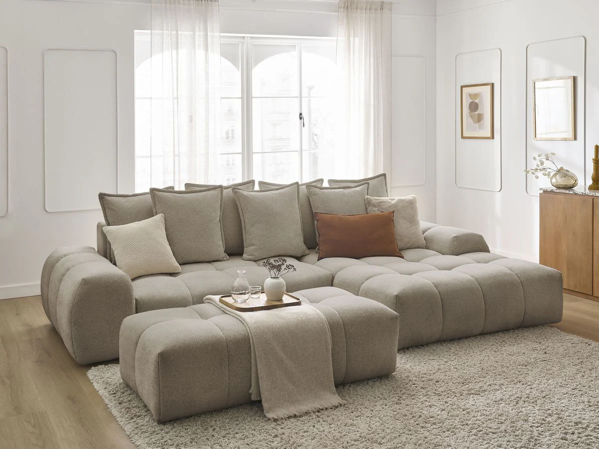 Canapé d'angle convertible coffre EVEREST tissu chiné avec pouf - Image 57
