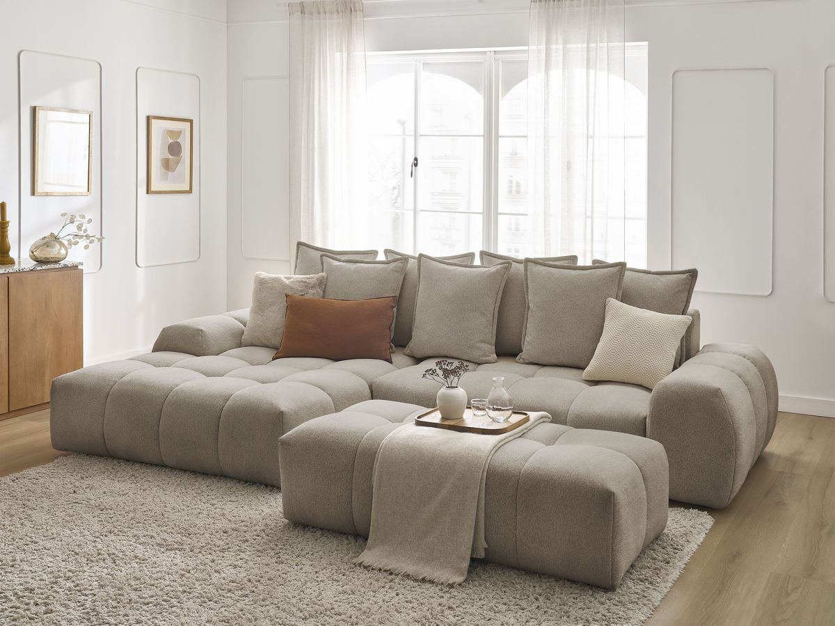 Canapé d'angle convertible coffre EVEREST tissu chiné avec pouf - Image 58