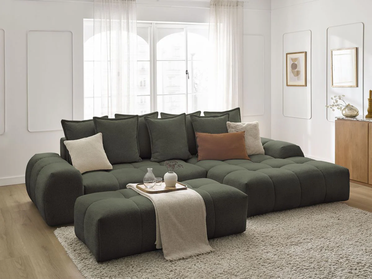 Canapé d'angle convertible coffre EVEREST tissu chiné avec pouf - Image 65