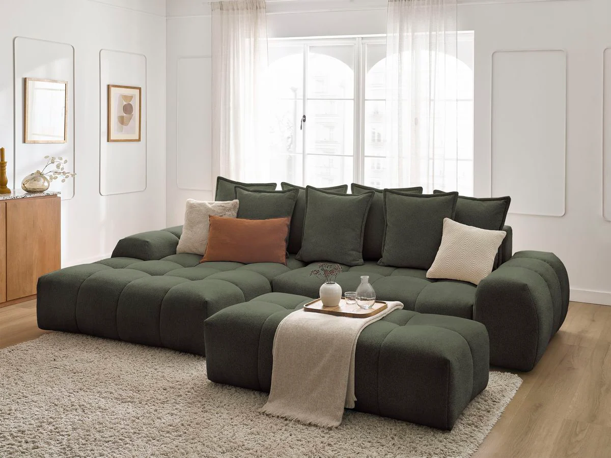 Canapé d'angle convertible coffre EVEREST tissu chiné avec pouf - Image 66