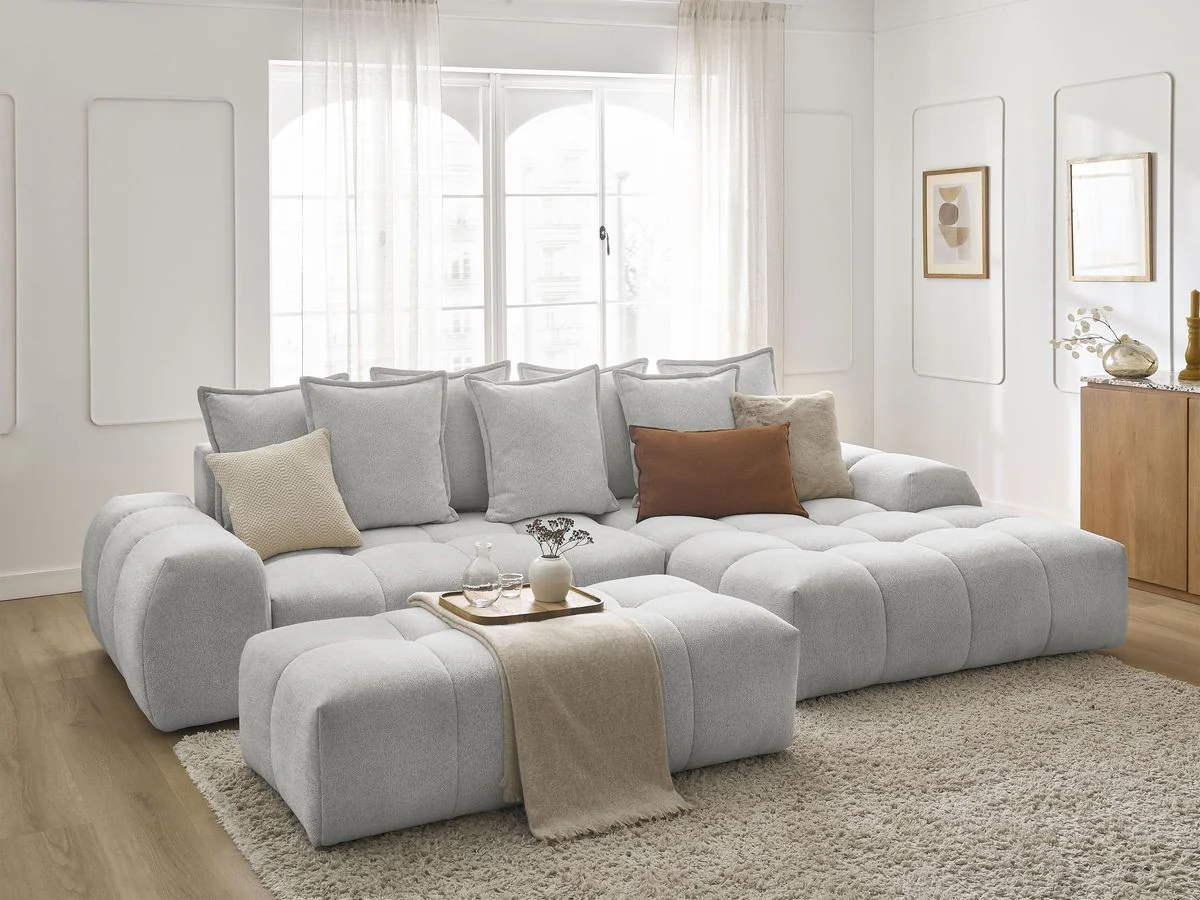 Canapé d'angle convertible coffre EVEREST tissu chiné avec pouf - Image 67